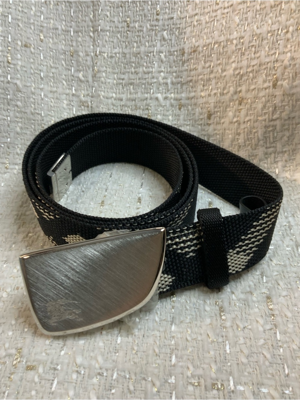Burberry Black and White Webbing Belt with Brushed Silver Buckle - Picture 2 of 5